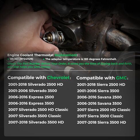 Engine Thermostat for Chevrolet Silverado, GMC Sierra, Chevy, GMC, Express, Savana, Silverado 2500HD, Sierra 2500HD, Silverado 3500HD, Sierra 3500HD, replaces 131-163, 97241129 in Kuwait