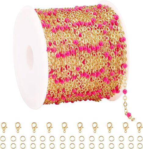 16.4 Feet Gold Plated Stainless Steel Chains Bulk Colorful Enamel Bead Chain Roll for Jewelry Making Thin Cable Link with Findings for DIY Craft in Kuwait