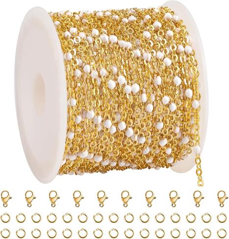 16.4 Feet Gold Plated Stainless Steel Chains Bulk Colorful Enamel Bead Chain Roll for Jewelry Making Thin Cable Link with Findings for DIY Craft in Kuwait