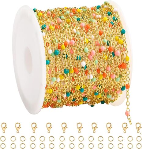 16.4 Feet Gold Plated Stainless Steel Chains Bulk Colorful Enamel Bead Chain Roll for Jewelry Making Thin Cable Link with Findings for DIY Craft in Kuwait