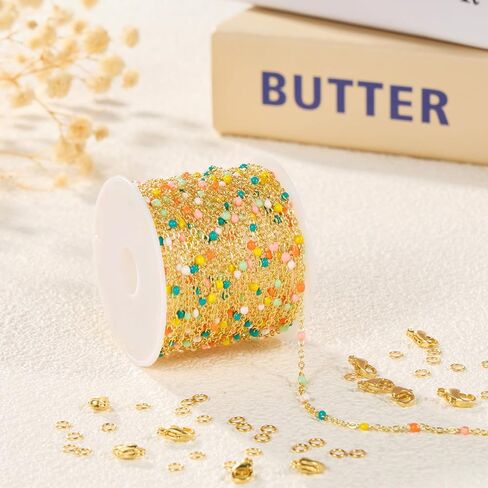 16.4 Feet Gold Plated Stainless Steel Chains Bulk Colorful Enamel Bead Chain Roll for Jewelry Making Thin Cable Link with Findings for DIY Craft in Kuwait
