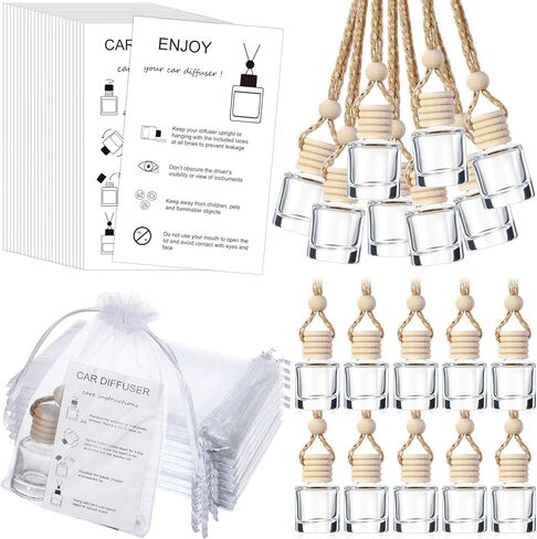 Boao 25 Sets Hanging Car Air Freshener Diffuser Bottles Empty Bulk with Car Diffuser Instruction Cards Organza Bags Glass Refillable Essential Oil Fragrance Aromatherapy Pendant (Cylindrical) in Kuwait