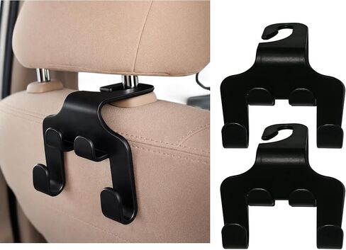 Car Headrest Hook | 360° Rotation Seat Back Hanger for Bags, Purses & Groceries | Durable ABS Plastic Car Organizer (Pack of 2 - Black) in Kuwait