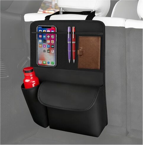 Leather Car Trunk Organizer,Large Capacity Backseat Car Organizer with 2 Mesh Pockets & Cup Holder,Detachable Hanging Cars Organizers and Storage for Family Road Trips in Kuwait