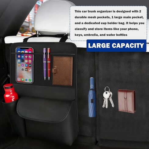 Leather Car Trunk Organizer,Large Capacity Backseat Car Organizer with 2 Mesh Pockets & Cup Holder,Detachable Hanging Cars Organizers and Storage for Family Road Trips in Kuwait