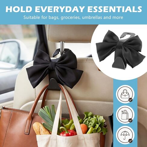 2Pcs Bow Car Headrest Hooks, Durable PVC Seat Back Organizer Hooks, Car Interior Decor Accessories, Multi‑Use for Bags and Umbrella, Universal for Cars, SUV, Truck (Black) in Saudi Arabia