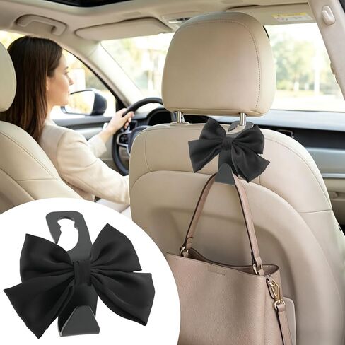 2Pcs Bow Car Headrest Hooks, Durable PVC Seat Back Organizer Hooks, Car Interior Decor Accessories, Multi‑Use for Bags and Umbrella, Universal for Cars, SUV, Truck (Black) in Saudi Arabia