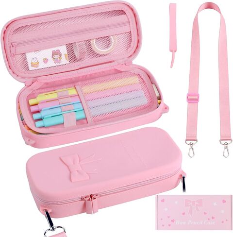 Soft Silicone Pencil Case with Handle & Strap, Large Capacity Aesthetic Pen Pouch Organizer, Kawaii School Supplies for Teens & Adults - Pink in Saudi Arabia
