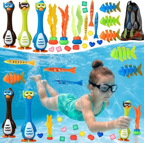 Penguin Diving Toys for Pool, Sinking Pool Diving Toys Underwater Treasure Hunt Game Set with Gems & Storage Bag, Swimming Pool Toys for Kids Ages 4-8 8-12 in Saudi Arabia