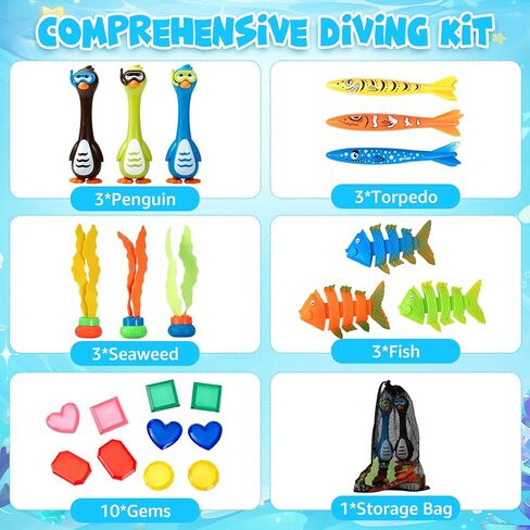Penguin Diving Toys for Pool, Sinking Pool Diving Toys Underwater Treasure Hunt Game Set with Gems & Storage Bag, Swimming Pool Toys for Kids Ages 4-8 8-12 in Saudi Arabia