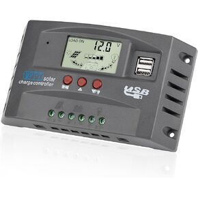 [Upgraded] 30A MPPT Solar Charger Controller 12V/24V Solar Panel Battery Intelligent Regulator with LCD Display, Dual USB Port and Timer Setting Fit for Lead-Acid Open Sealed AGM and Li Battery Grey in Kuwait