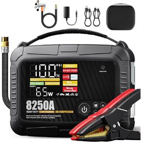 JFEGWO 8250A Heavy Duty Jump Starter with Air Compressor, 32000mAh 65W Fast Charging Portable Car Battery Booster Power Pack (for All Gas 12L Diesel), 150 PSI Tire Inflator, HD Display 12V Jump Box in Kuwait
