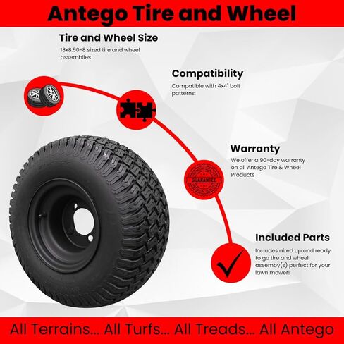 إطارات وعجلات Antego مقاس 8 بوصات من الفولاذ الأسود غير اللامع وإطارات 18X8.50-8 Turf 4 Ply - (مفردة) in Kuwait