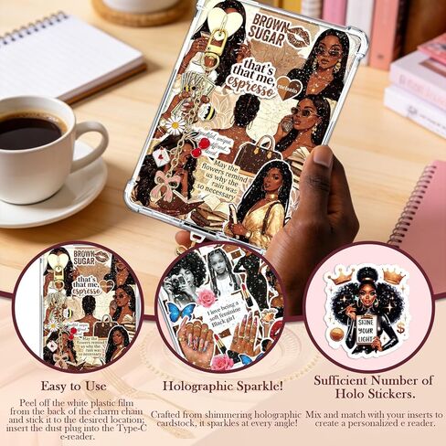 Rngmsi Insert Cardstock for Clear Case - 9Pcs Black Women Cardstock Inserts Dust Plug Charm Compatible with Kindle Paperwhite 11th-12th, 51Pcs Stickers Chain Charm for E-Reader Clear Back Cover in Kuwait