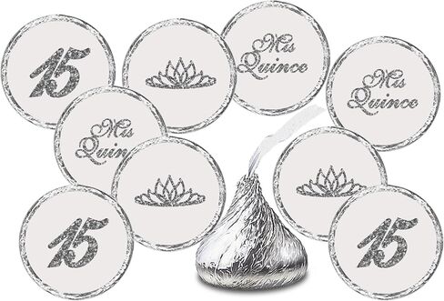 Mis Quince Birthday Silver Kisses Stickers, (Set of 216), Quinceanera Chocolate Drops Labels, Sweet 15 Party Decoration Favors Decor for Kisses. Made in USA. in Kuwait