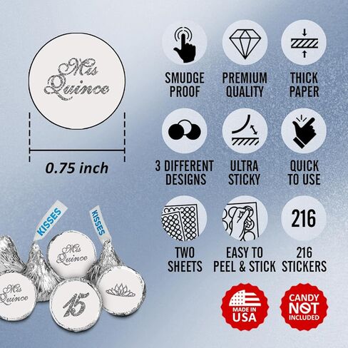 Mis Quince Birthday Silver Kisses Stickers, (Set of 216), Quinceanera Chocolate Drops Labels, Sweet 15 Party Decoration Favors Decor for Kisses. Made in USA. in Kuwait