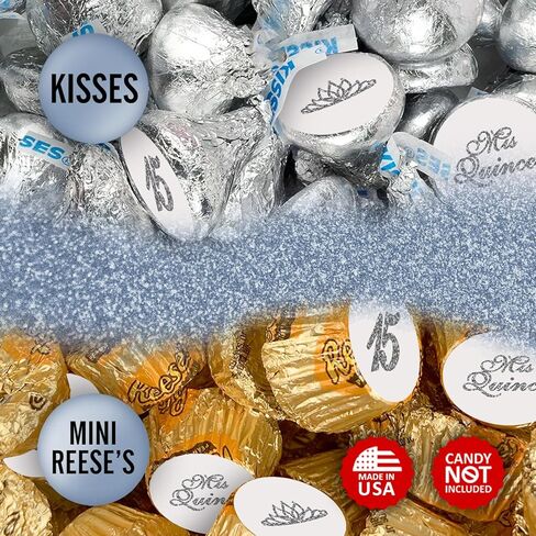 Mis Quince Birthday Silver Kisses Stickers, (Set of 216), Quinceanera Chocolate Drops Labels, Sweet 15 Party Decoration Favors Decor for Kisses. Made in USA. in Kuwait