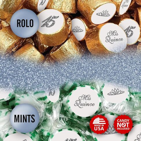 Mis Quince Birthday Silver Kisses Stickers, (Set of 216), Quinceanera Chocolate Drops Labels, Sweet 15 Party Decoration Favors Decor for Kisses. Made in USA. in Kuwait