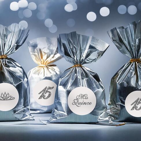 Mis Quince Birthday Silver Kisses Stickers, (Set of 216), Quinceanera Chocolate Drops Labels, Sweet 15 Party Decoration Favors Decor for Kisses. Made in USA. in Kuwait