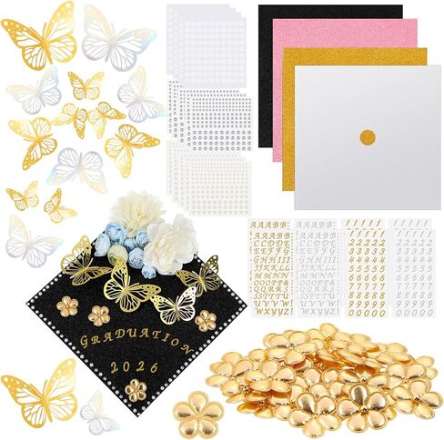 Colarr 68 Pcs DIY Graduation Cap Decorations Kit 2026, Grad Cap Decoration with Glitter Cardstock White Gold Faux Flowers 3D Butterfly Sticker Rhinestone Alphabet Letter Number Sticker for Grad Topper in Kuwait