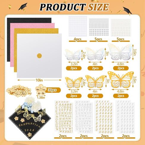 Colarr 68 Pcs DIY Graduation Cap Decorations Kit 2026, Grad Cap Decoration with Glitter Cardstock White Gold Faux Flowers 3D Butterfly Sticker Rhinestone Alphabet Letter Number Sticker for Grad Topper in Kuwait