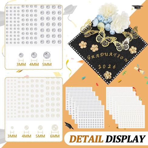 Colarr 68 Pcs DIY Graduation Cap Decorations Kit 2026, Grad Cap Decoration with Glitter Cardstock White Gold Faux Flowers 3D Butterfly Sticker Rhinestone Alphabet Letter Number Sticker for Grad Topper in Kuwait