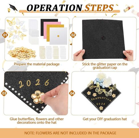 Colarr 68 Pcs DIY Graduation Cap Decorations Kit 2026, Grad Cap Decoration with Glitter Cardstock White Gold Faux Flowers 3D Butterfly Sticker Rhinestone Alphabet Letter Number Sticker for Grad Topper in Kuwait