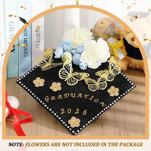 Colarr 68 Pcs DIY Graduation Cap Decorations Kit 2026, Grad Cap Decoration with Glitter Cardstock White Gold Faux Flowers 3D Butterfly Sticker Rhinestone Alphabet Letter Number Sticker for Grad Topper in Kuwait