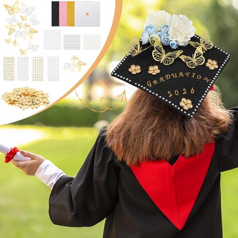 Colarr 68 Pcs DIY Graduation Cap Decorations Kit 2026, Grad Cap Decoration with Glitter Cardstock White Gold Faux Flowers 3D Butterfly Sticker Rhinestone Alphabet Letter Number Sticker for Grad Topper in Kuwait