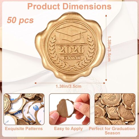 50pcs Graduation Wax Seal Stickers, Gold 3D Embossed Self-Adhesive 2026 Graduation Cap Envelope Stamp Seal Sealer for DIY Greeting Cards Invitation Cards Diplomas Decor in Kuwait