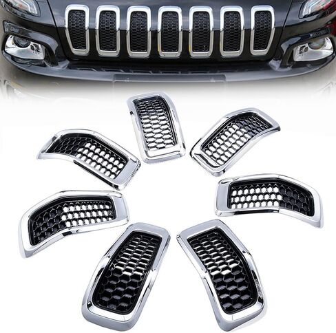 7pcs Black Mesh Grille Chrome Moulding Trim Grille Grill Cover Trim Insert Kit Compatible with 2014 2015 2016 2017 2018 Jeep Cherokee 4-Door in Saudi Arabia