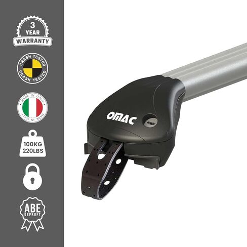 قضبان متقاطعة لحامل السقف من OMAC معتمدة من TÜV لسيارة Toyota Corolla 2003-2008 - قابلة للقفل (4 أقفال) - أقصى حمولة 220 رطل / 100 كجم - حزام من الفولاذ المقاوم للصدأ + حماية مطاطية فضية in Kuwait
