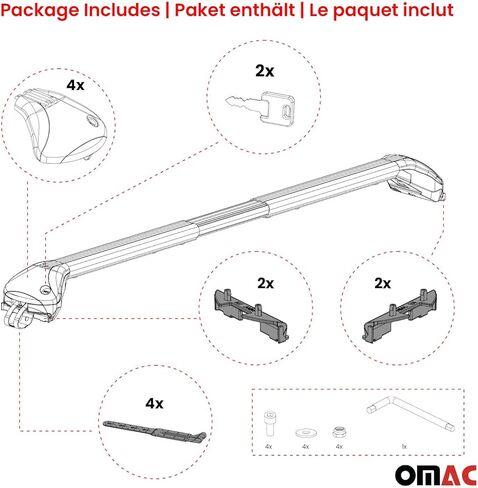 قضبان متقاطعة لحامل السقف من OMAC معتمدة من TÜV لسيارة Toyota Corolla 2003-2008 - قابلة للقفل (4 أقفال) - أقصى حمولة 220 رطل / 100 كجم - حزام من الفولاذ المقاوم للصدأ + حماية مطاطية فضية in Kuwait
