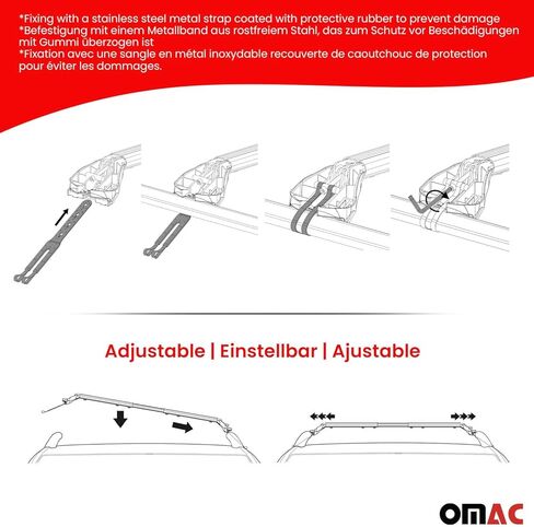 قضبان متقاطعة لحامل السقف من OMAC معتمدة من TÜV لسيارة Toyota Corolla 2003-2008 - قابلة للقفل (4 أقفال) - أقصى حمولة 220 رطل / 100 كجم - حزام من الفولاذ المقاوم للصدأ + حماية مطاطية فضية in Kuwait