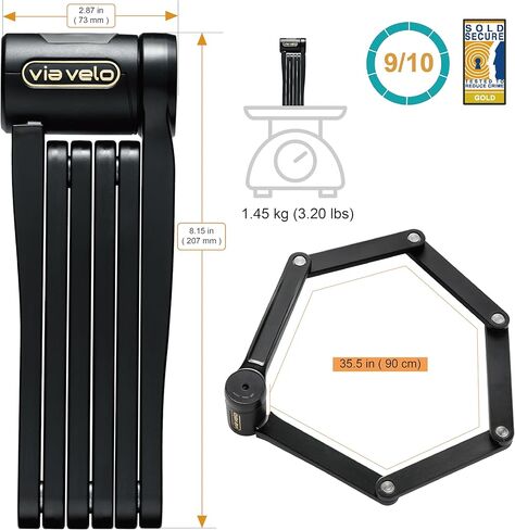 Via Velo Folding Lock with Hardened Steel and Sold Secure Gold. Extends 90cm, Includes Bracket and 4 Keys. AirTag Slot Lets You Track Your Bike. Easy to Carry and Compact for e-Bikes and Scooters. in Saudi Arabia
