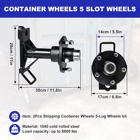 2 Pack Shipping Container Wheels 5-Lug Wheels Kit Shipping Container Accessories Hold 8800Lbs Heavy-Duty Shipping Container Axles with Heavy Duty Ratchet Tie Down-Moves 20ft - 40ft, Shipping Container in Kuwait