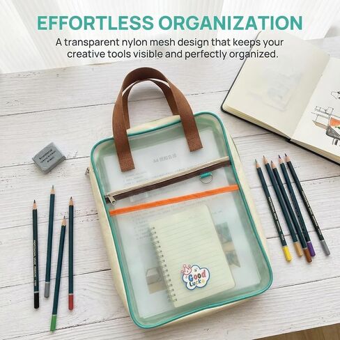 Two-Tone Mesh Zipper Tote Bag, A4 Clear Nylon Document Organizer with Handle, L-Shaped Opening Large Capacity Foldable File Pouch for Office, Business & Travel in Kuwait