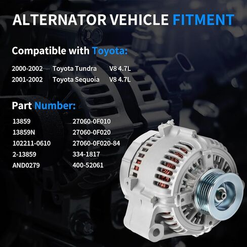 استبدال المولد الجديد لـ 2000 2001 2002 Toyota Tundra 4.7L، 2001 2002 Sequoia V8 4.7 4.7L 12V 100Amp استبدال OE 13859 102211-0610 27060-0F020 27060-0F020-84 334-1817 400-52061 AND0279 in Kuwait