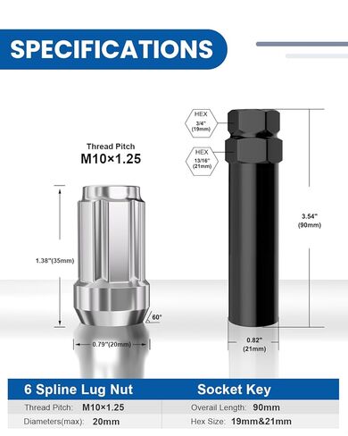 GAsupply 3/8"-24 ATV Lug Nuts Chrome, Closed End Acorn Spline Lug Nut Set 1.38" 35mm Tall Conical/Cone Seat, 16pcs+1 Spline Lock Key in Saudi Arabia
