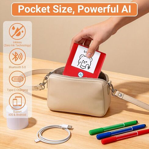 AI Mini Printer with Preview Screen, Voice-Activated Portable Thermal Sticker Printer, Inkless Pocket Printer for Study Notes, Journaling & DIY, Bluetooth Compatible with iOS/Android in Saudi Arabia