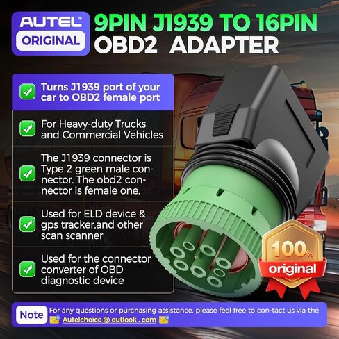 محول أنثى Autel Original Type 2 أخضر 9pin J1939 إلى 16pin obd2، ذكر إلى موصل J1962 obdii، يعمل للشاحنات الثقيلة، يستخدم لجهاز ELD ومتعقب GPS وماسح ضوئي للشاحنة in Kuwait
