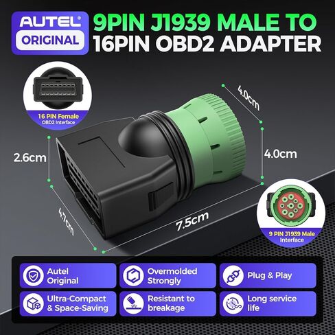 محول أنثى Autel Original Type 2 أخضر 9pin J1939 إلى 16pin obd2، ذكر إلى موصل J1962 obdii، يعمل للشاحنات الثقيلة، يستخدم لجهاز ELD ومتعقب GPS وماسح ضوئي للشاحنة in Kuwait