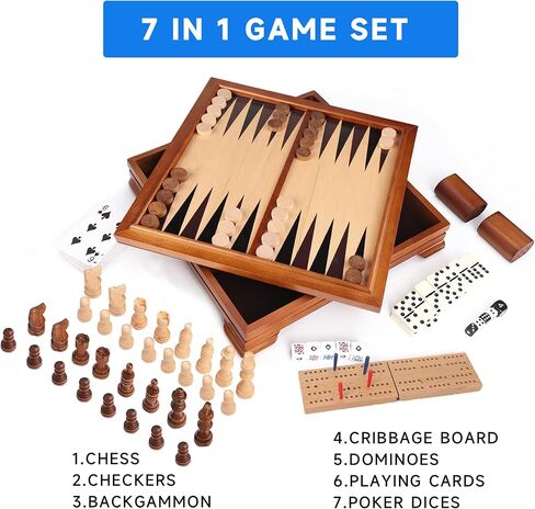 GSE Games & Sports Expert Wooden 7-in-1 Chess, Checkers, Backgammon, Dominoes, Cribbage Board, Playing Card & Poker Dice Game Combo Set (Deluxe) in Kuwait