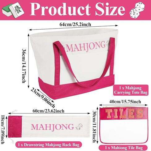 3 Pcs Empty Mahjong Bag Sets for Tiles and Racks Mahjong Tote Bag with Embroidered for American Mahjong Storage Game Night Mahj Accessories(Hot Pink) in Saudi Arabia