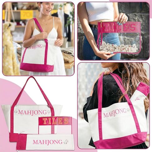 3 Pcs Empty Mahjong Bag Sets for Tiles and Racks Mahjong Tote Bag with Embroidered for American Mahjong Storage Game Night Mahj Accessories(Hot Pink) in Saudi Arabia