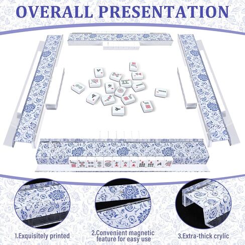 4 Pack Magnetic Chinoiserie Mahjong Tile Racks with Removable Acrylic Pushers, 18.5 Inch Length American Mahjong Racks Holders with Pattern, Fits All Tile Sets (Blue Floral) in Saudi Arabia