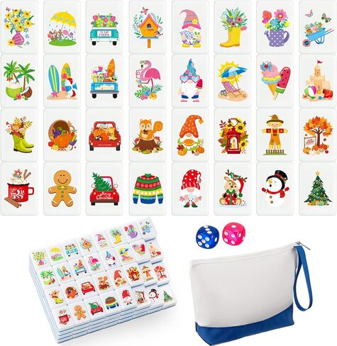 Soulchen 129 Pack 4 Players Mahjong Block Set(1.2'') Tiles Push Game Portable Travel Blue Mahjong Tiles Set with Carry Bag for Spring Summer Family Friends Party Game Gift, 32 Seasonal Pattern in Kuwait