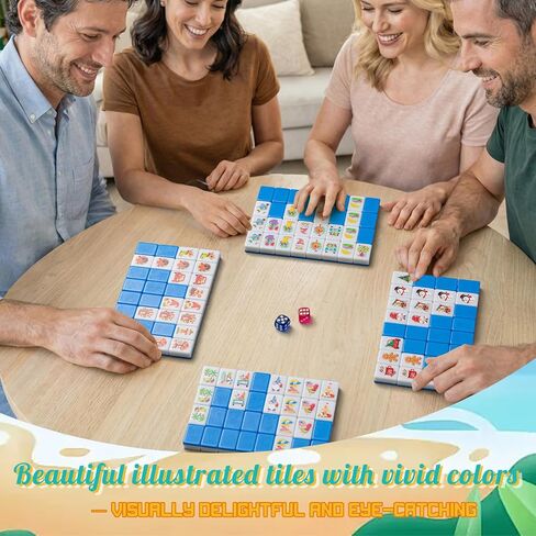Soulchen 129 Pack 4 Players Mahjong Block Set(1.2'') Tiles Push Game Portable Travel Blue Mahjong Tiles Set with Carry Bag for Spring Summer Family Friends Party Game Gift, 32 Seasonal Pattern in Kuwait