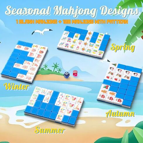 Soulchen 129 Pack 4 Players Mahjong Block Set(1.2'') Tiles Push Game Portable Travel Blue Mahjong Tiles Set with Carry Bag for Spring Summer Family Friends Party Game Gift, 32 Seasonal Pattern in Kuwait