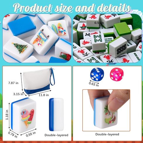 Soulchen 129 Pack 4 Players Mahjong Block Set(1.2'') Tiles Push Game Portable Travel Blue Mahjong Tiles Set with Carry Bag for Spring Summer Family Friends Party Game Gift, 32 Seasonal Pattern in Kuwait